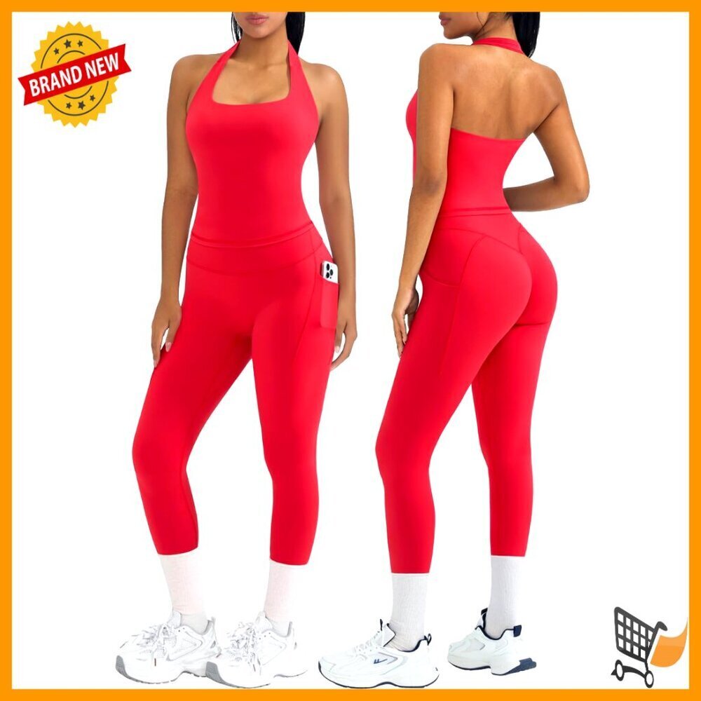Halter Top Booty Leggings Workout Set with Pockets Medium Compression Gym Outfit